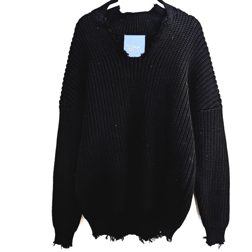Simon Miller ‘Rhett’ Distressed 100% Cotton Sweater – Black – Size XS
